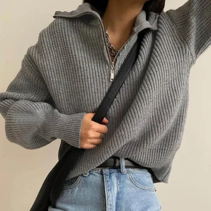 Women's Knit Sweater with Zipper Collar Long Sleeve