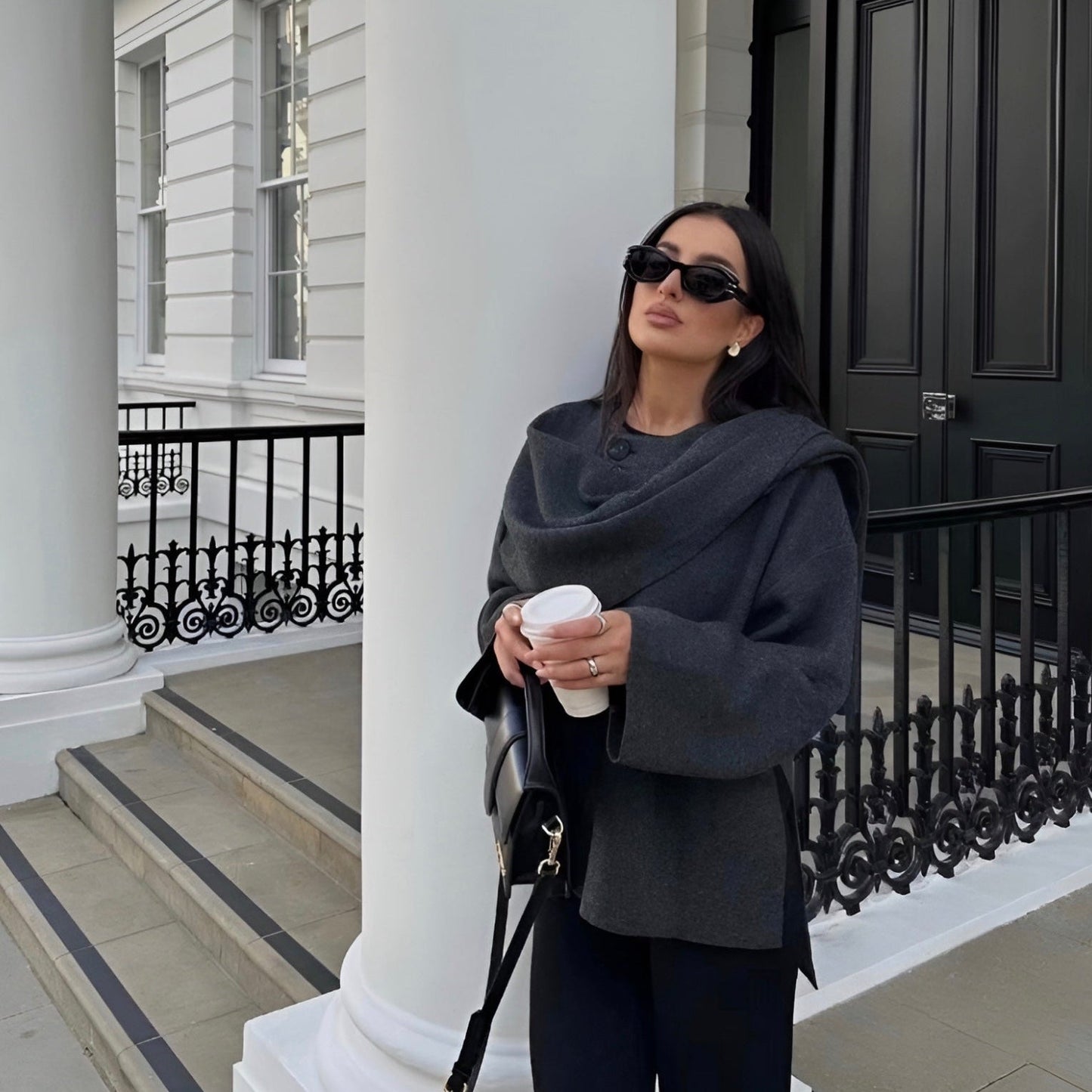 Damen-Winter-Cape-Mantel mit Asymmetrischem Design und Drapierter Passform