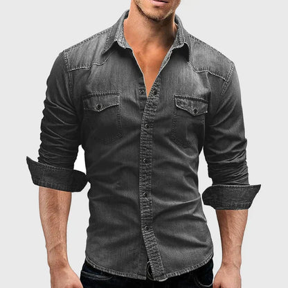 Men's Retro Slim Fit Denim Shirt with Button Placket
