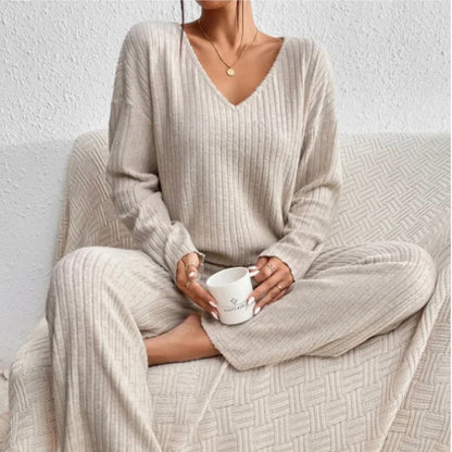 Damen Loungewear Set Mit V-Ausschnitt Pullover Und Gerade Geschnittenen Hosen