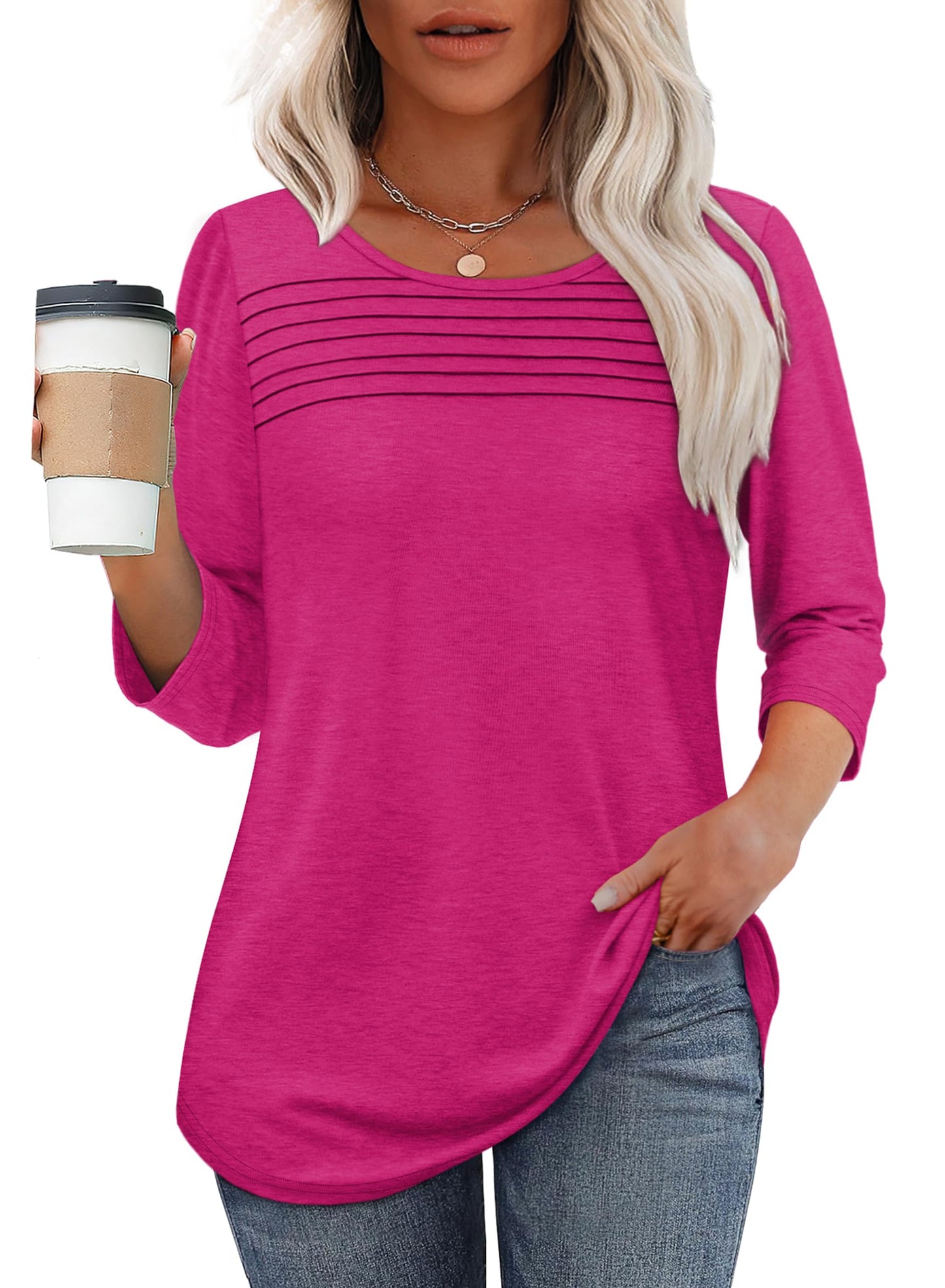 Women's three-quarter sleeve blouse with pleated front, round neckline, and rounded hem