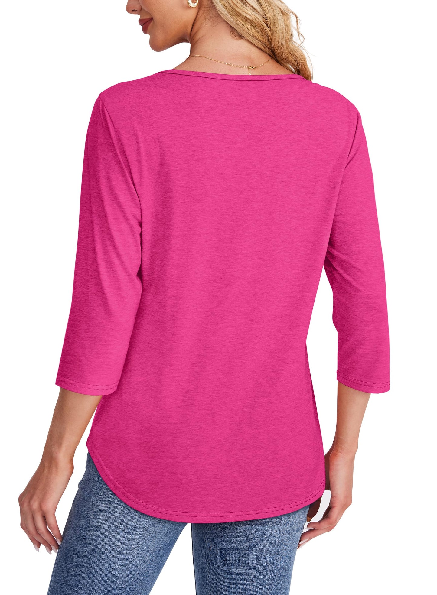 Women's three-quarter sleeve blouse with pleated front, round neckline, and rounded hem
