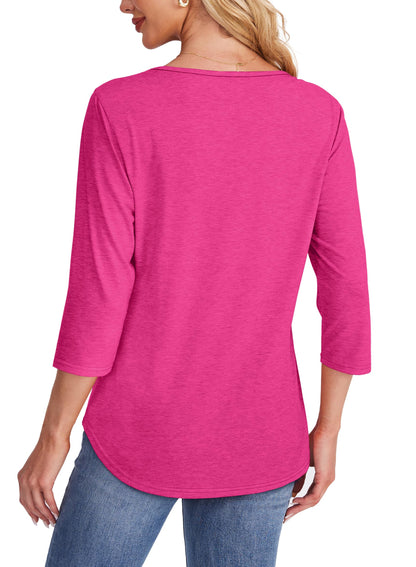 Women's three-quarter sleeve blouse with pleated front, round neckline, and rounded hem