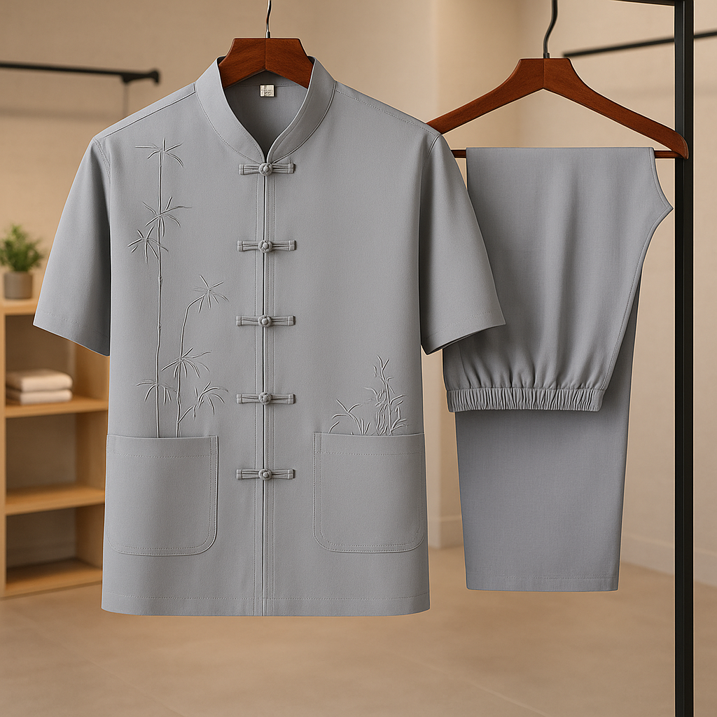 Men's Summer Traditional Set – Embroidered Top with Knot Closure and Straight Pants