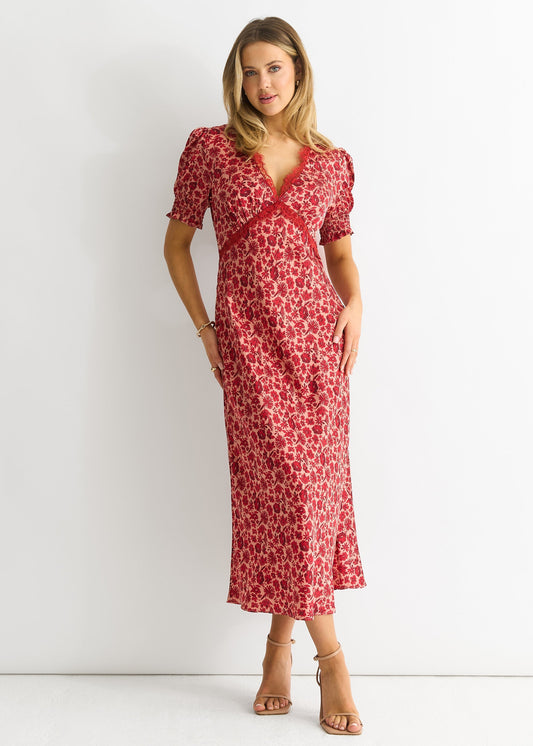 Damen Midikleid mit V-Ausschnitt und floraler Spitzeneinfassung