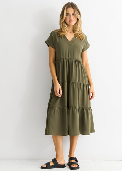 Damen Midikleid mit V-Ausschnitt und Taschen