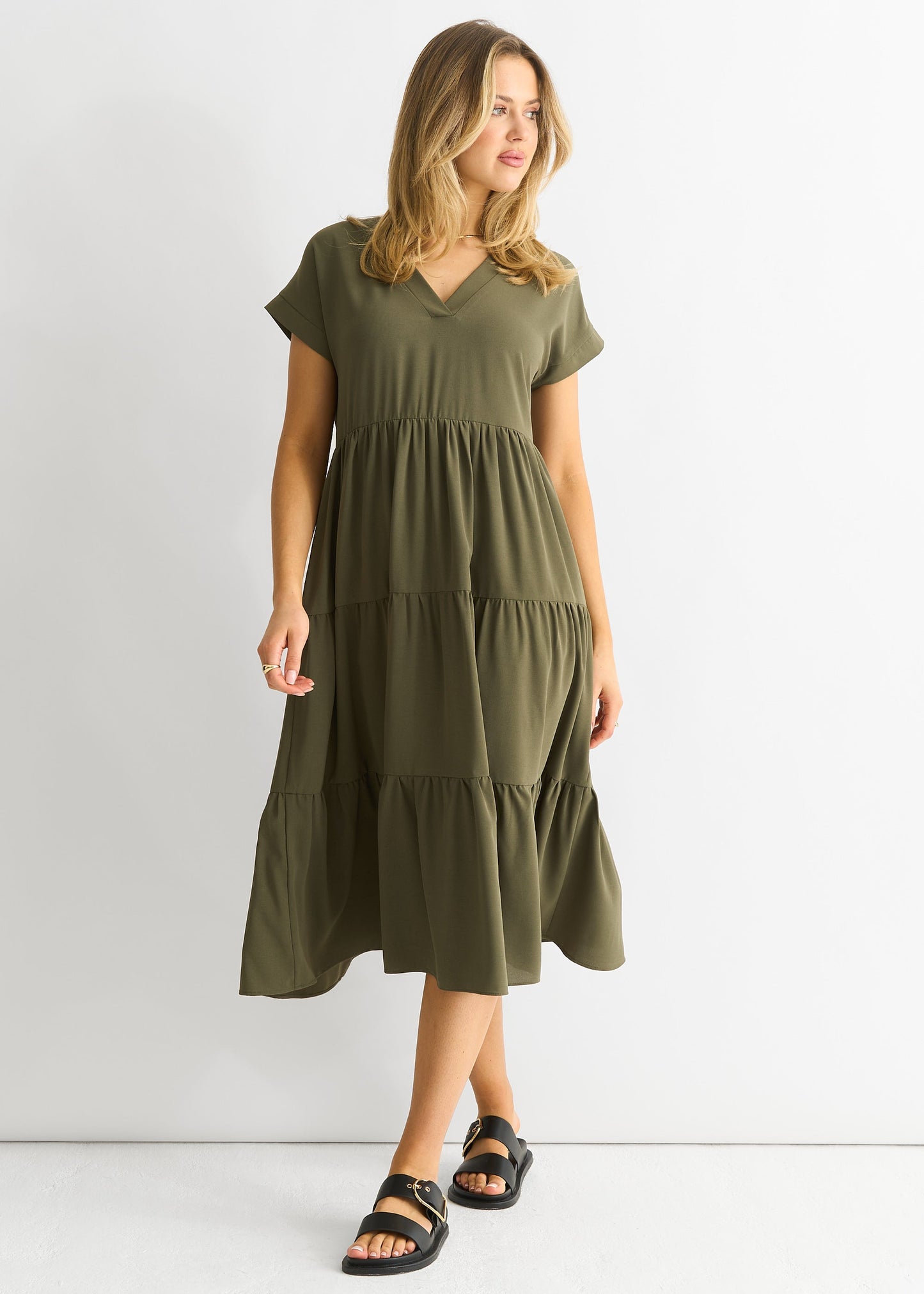 Damen Midikleid mit V-Ausschnitt und Taschen