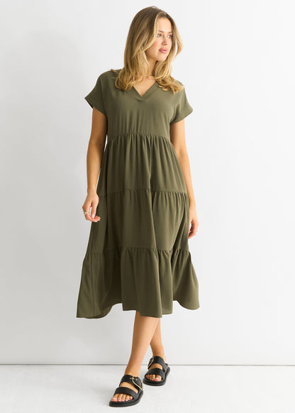 Damen Midikleid mit V-Ausschnitt und Taschen