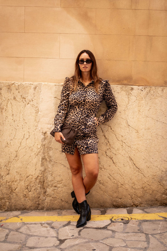 Damen Mini-Kleid Braun mit Animal-Print und Military-Style