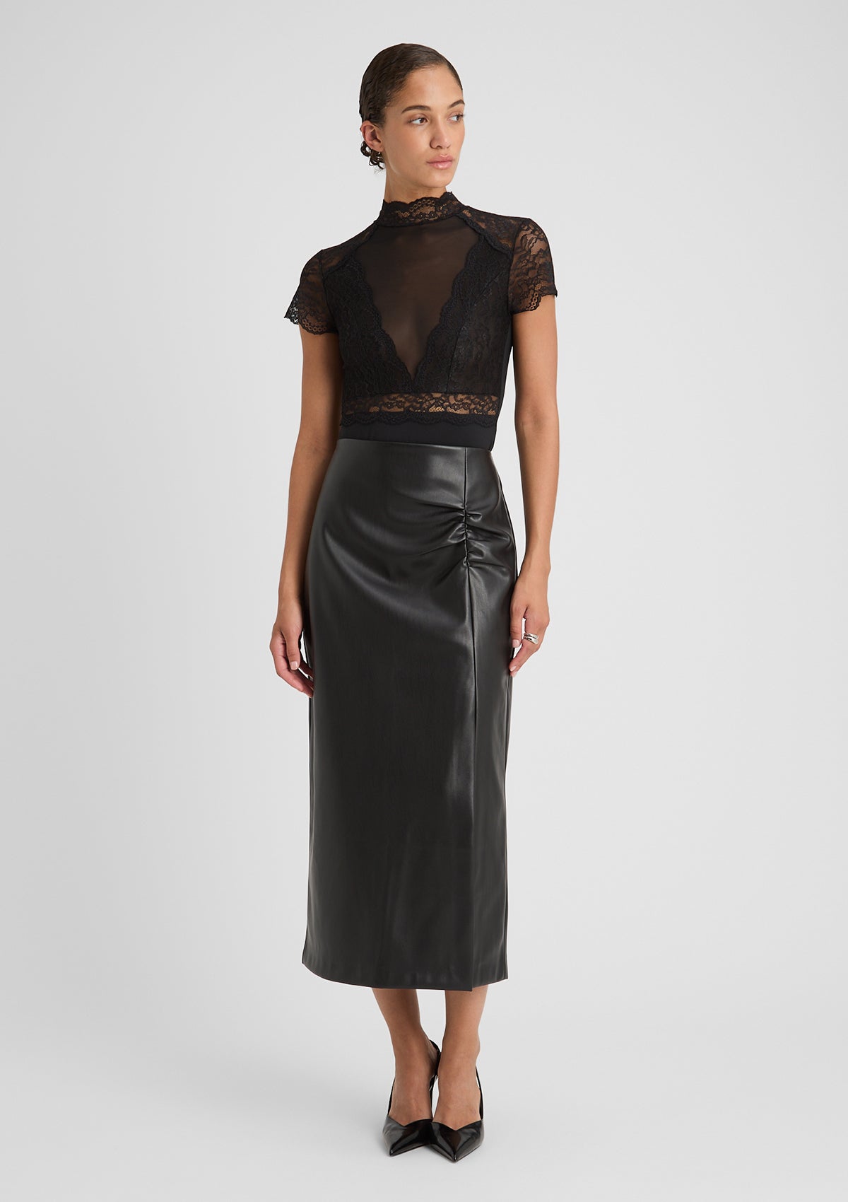 Damen Herbst Bleistiftrock in 3/4-Länge mit Kunstleder-Look und schlanker Passform