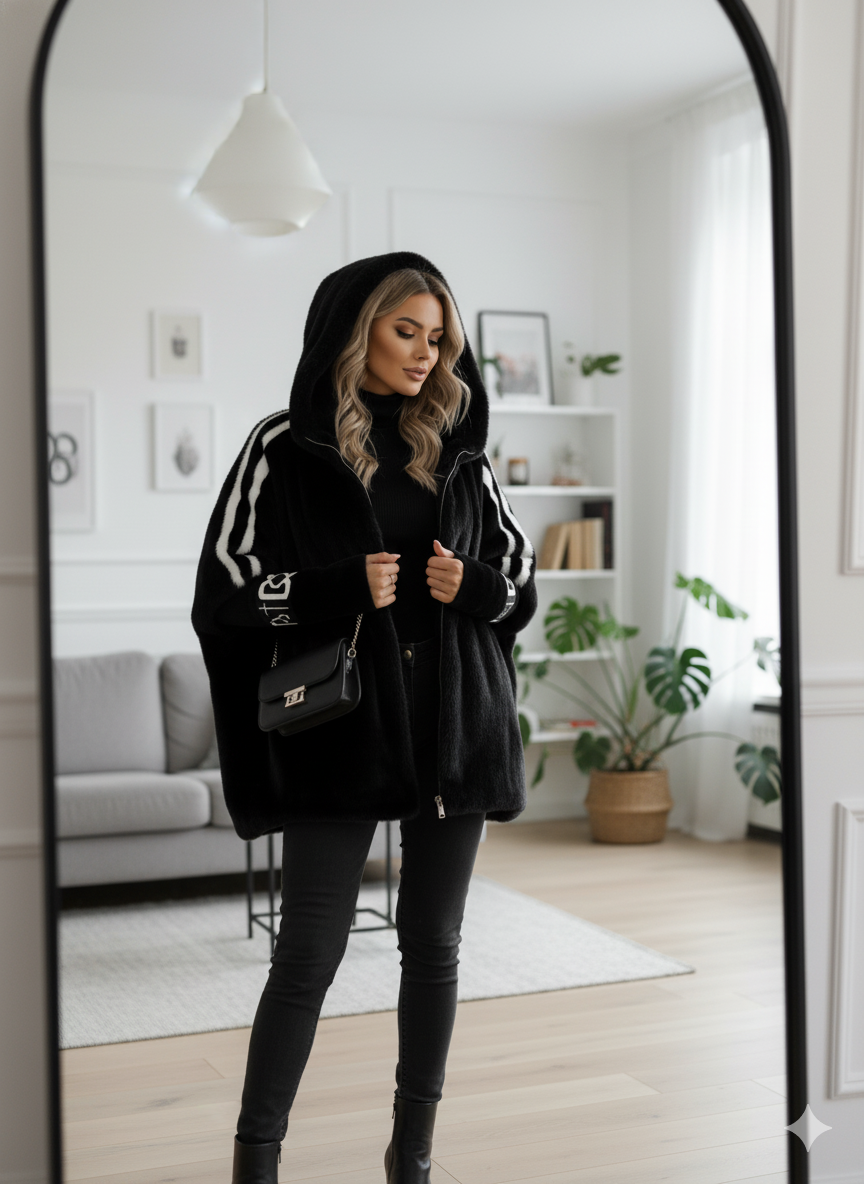 Women's winter coat made of faux fur with hood and contrasting sleeves