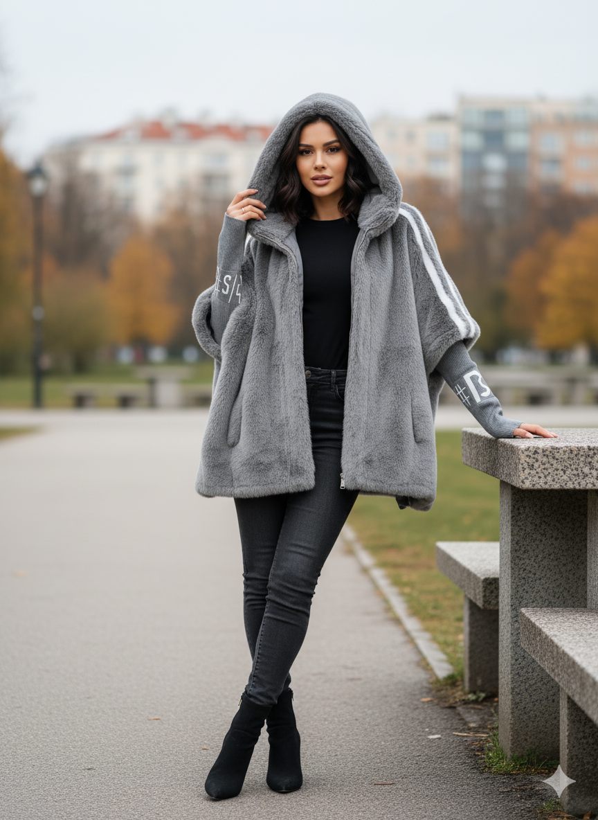 Women's winter coat made of faux fur with hood and contrasting sleeves