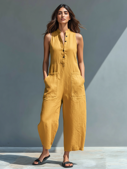 Damen Ärmelloser Jumpsuit mit Stehkragen – Knopfleiste Lockerer Schnitt