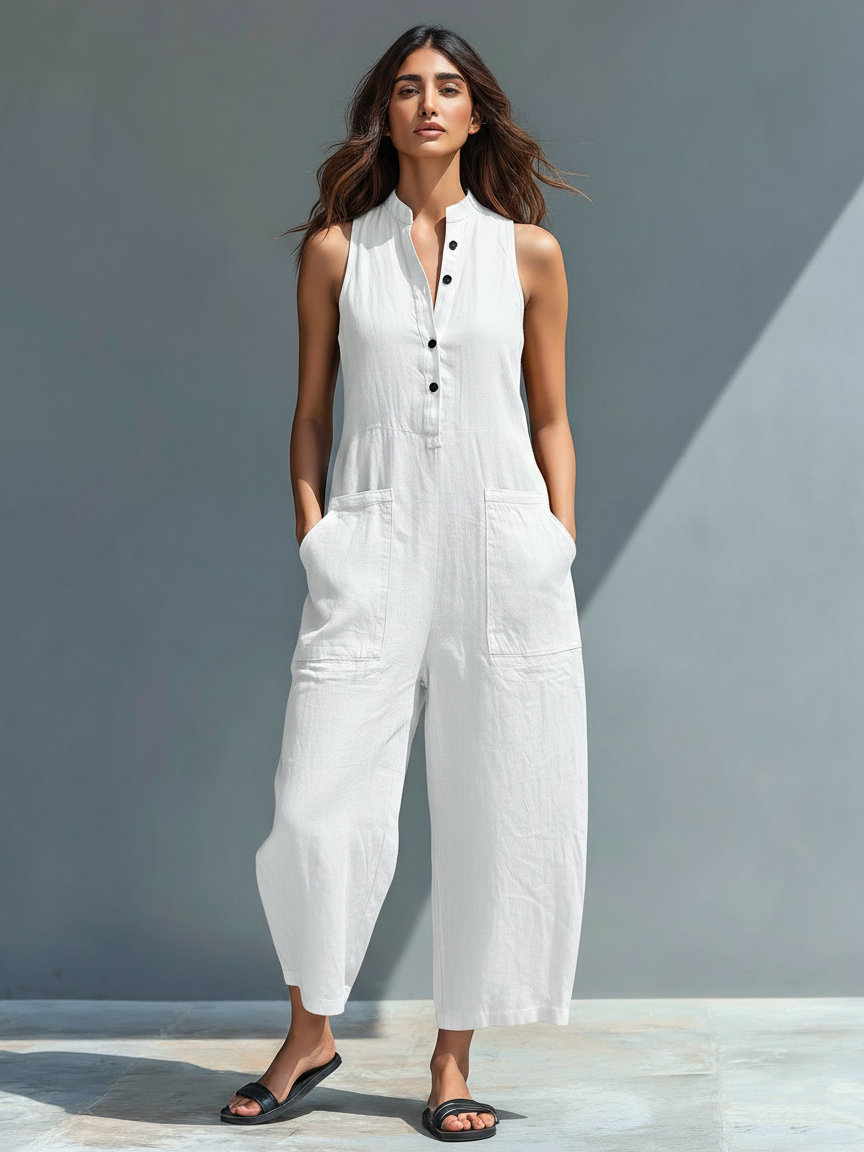 Damen Ärmelloser Jumpsuit mit Stehkragen – Knopfleiste Lockerer Schnitt