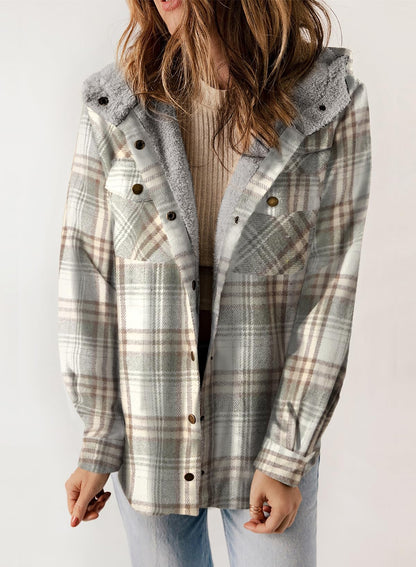 Damen Herbst Jacke Karo Kapuze Langarm Taschen Fleece Futter Style