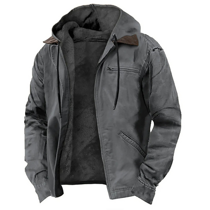Graue Herrenjacke mit Kapuze, Reißverschluss und Brusttasche. Stilvolle Winterjacke aus robustem Material, ideal für kalte Tage.