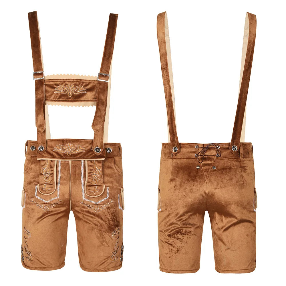 Braune Lederhose mit Hosenträgern, traditionelles bayerisches Design, Stickereien, ideal für Oktoberfest, Trachtenmode, Herrenbekleidung.