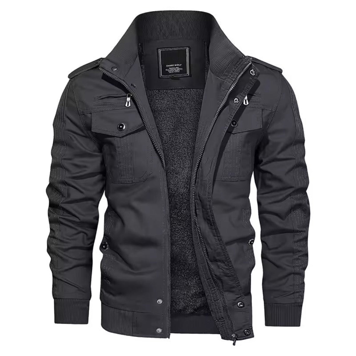 Schwarze Herrenjacke mit Reißverschluss, Stehkragen und Taschen, ideal für Herbst und Winter. Modische, warme Outdoor-Bekleidung.