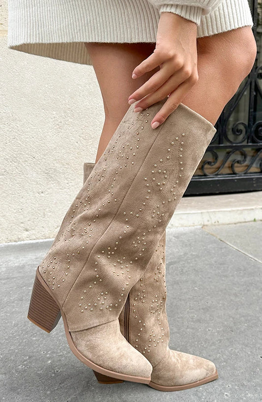 Damen Stiefel Bis Zum Knie Mit Goldnieten Taupe