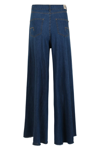 Damen Schlaghose aus Denim, dunkelblau, mit weitem Bein und zwei Gesäßtaschen. Modische Jeans für Freizeit und Alltag.