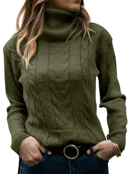 Damen Pullover Rollkragen, olivgrün, Zopfmuster, langärmelig, modisch, warm, Herbstmode, Strickpullover, lässiger Stil, elegant.