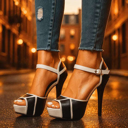 Women's platform stiletto heels with ankle strap and geometric panel design