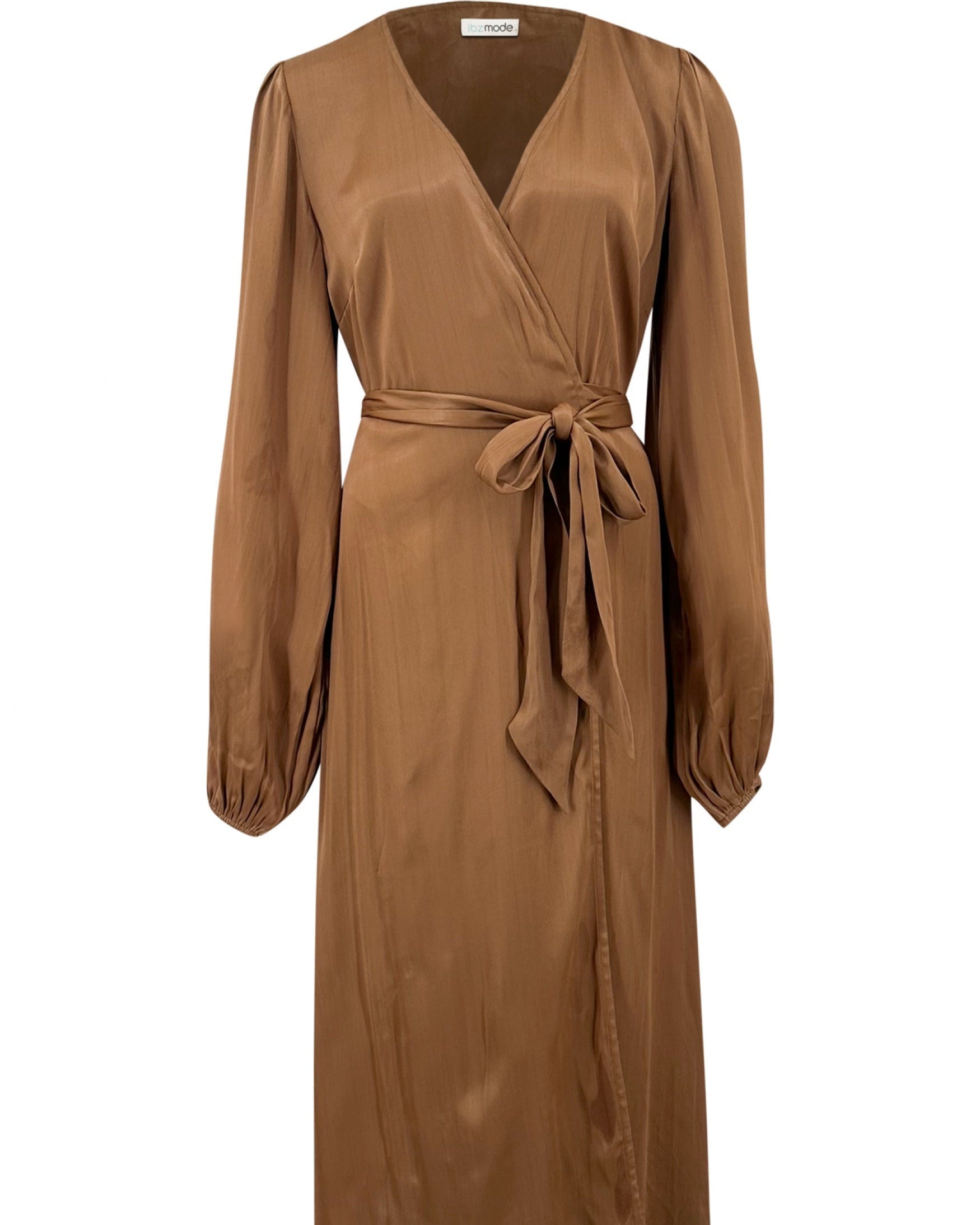 Braunes Wickelkleid mit langen Ärmeln und Taillengürtel, elegantes Design, ideal für Herbstmode, Damenbekleidung, stilvoll und modern.