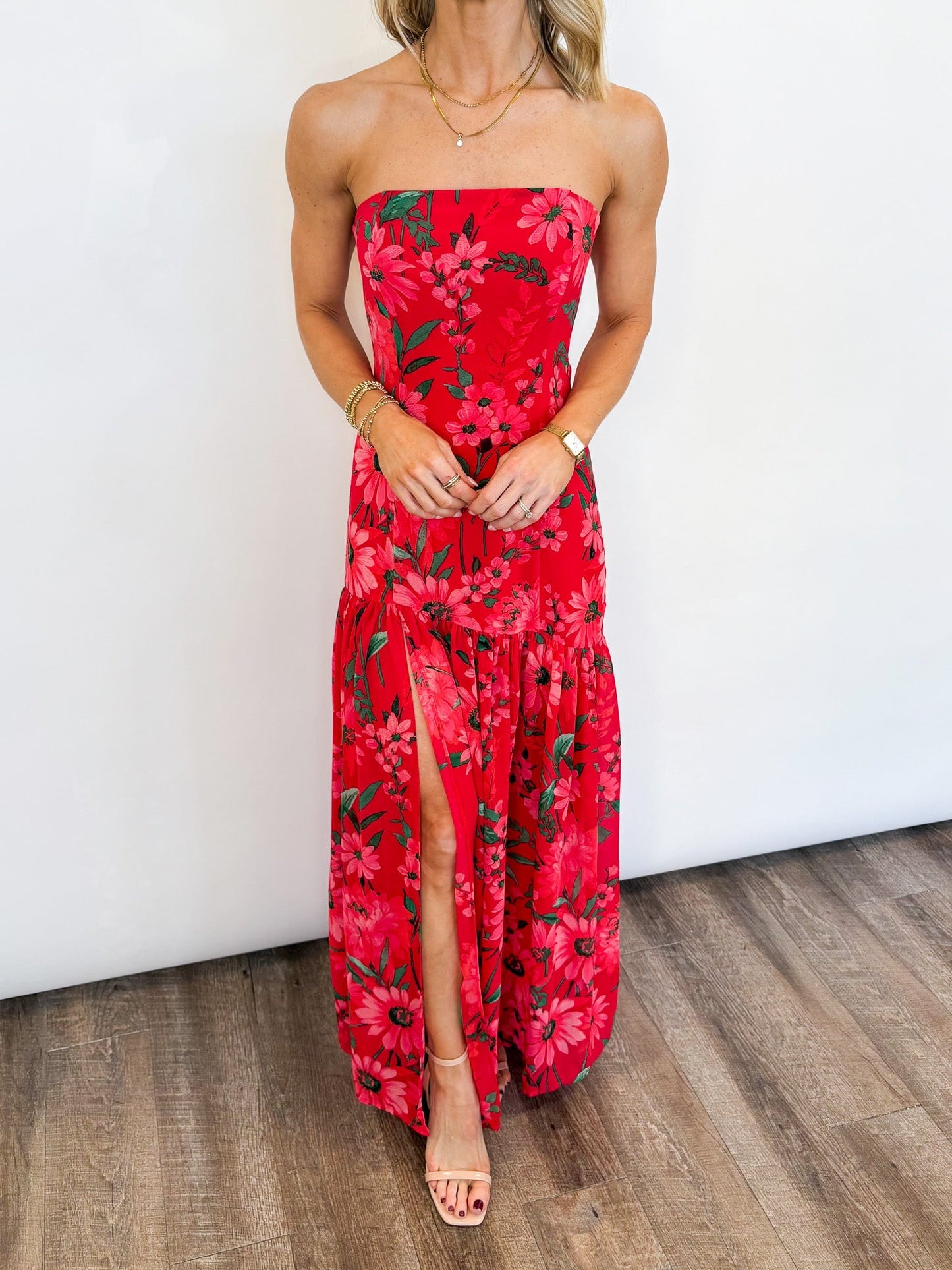 Damen Trägerloses Maxikleid mit Blumenmuster – Fließende Maxisilhouette