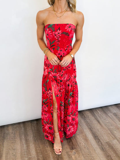 Damen Trägerloses Maxikleid mit Blumenmuster – Fließende Maxisilhouette