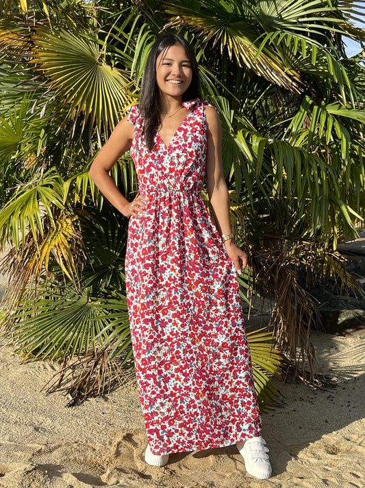 Langes Damenkleid mit Blumenmuster, kurzen Ärmeln und Schulterknoten in Einheitsgröße