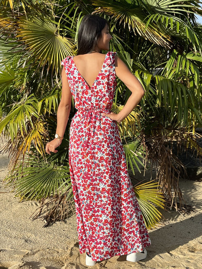 Long women's dress with floral pattern, short sleeves, and shoulder knot in one size