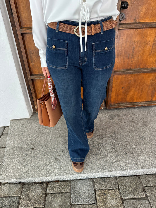 Damen-Jeans mit weitem Bein, hoher Taille und goldenen Knöpfen vorne