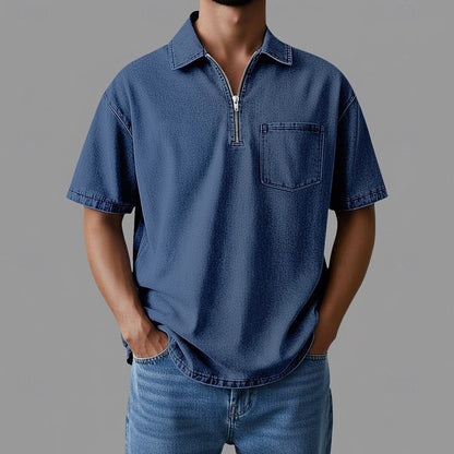 Herren Shirt mit Reißverschlusskragen im Denim Stil – Lockere Passform