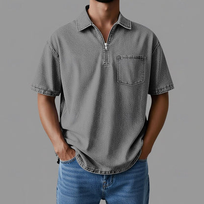 Herren Shirt mit Reißverschlusskragen im Denim Stil – Lockere Passform
