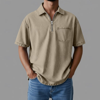 Herren Shirt mit Reißverschlusskragen im Denim Stil – Lockere Passform