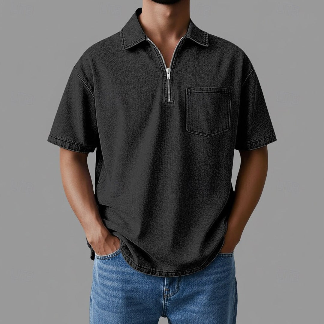 Herren Shirt mit Reißverschlusskragen im Denim Stil – Lockere Passform