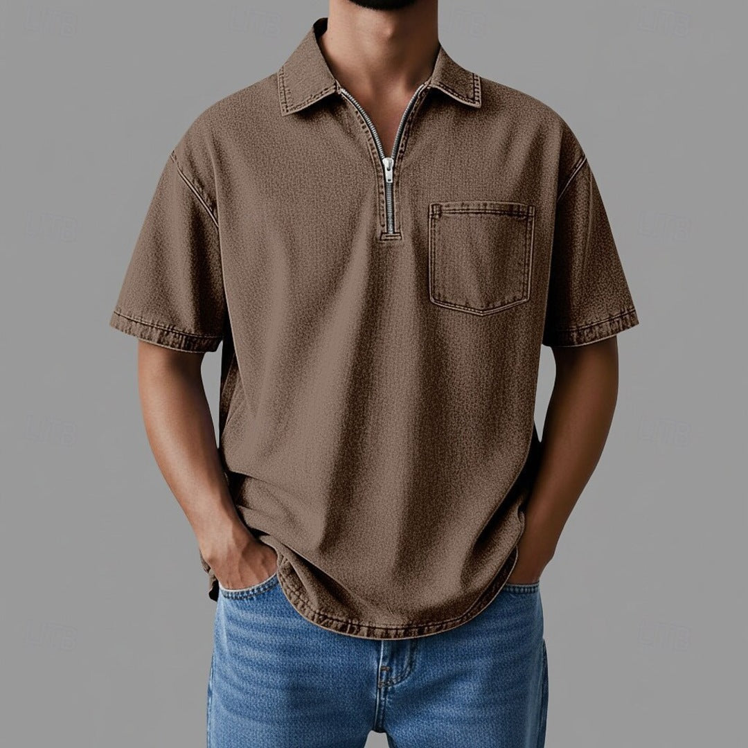 Herren Shirt mit Reißverschlusskragen im Denim Stil – Lockere Passform