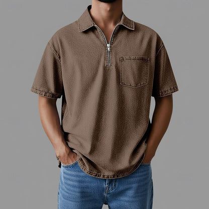 Herren Shirt mit Reißverschlusskragen im Denim Stil – Lockere Passform