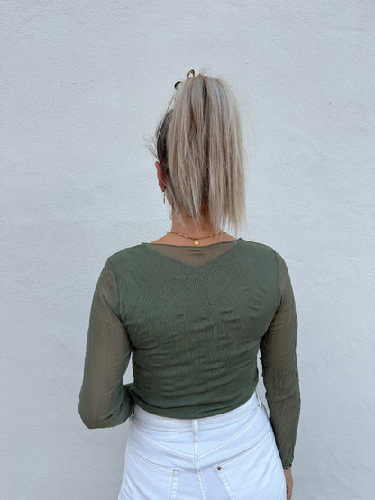 Damen Langarm Top Mesh Design Lockerer Schnitt Olivgrün – Stretch-Stil