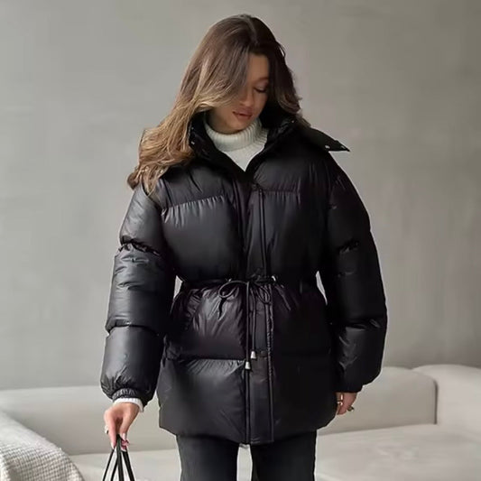 Women's Winter Quilted Jacket with Adjustable Waist and High Collar