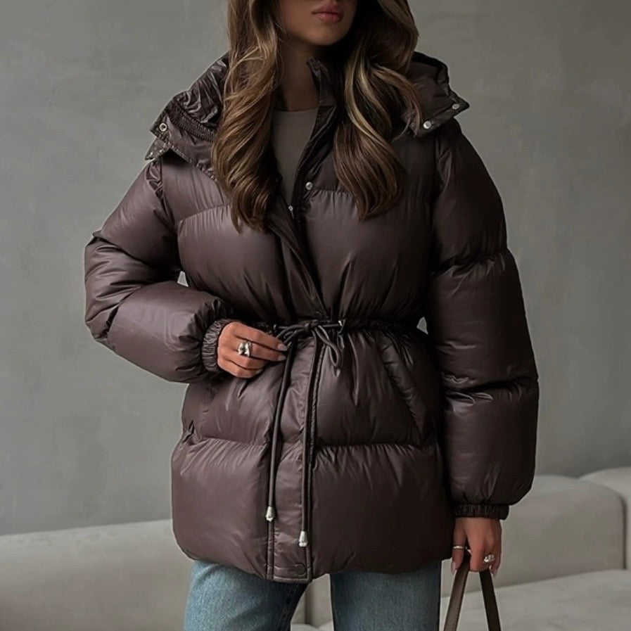 Women's Winter Quilted Jacket with Adjustable Waist and High Collar