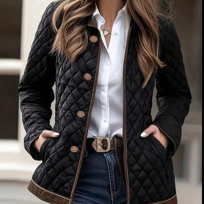 Women's Quilted Jacket with Diamond Pattern and Button Closure