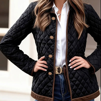 Women's Quilted Jacket with Diamond Pattern and Button Closure