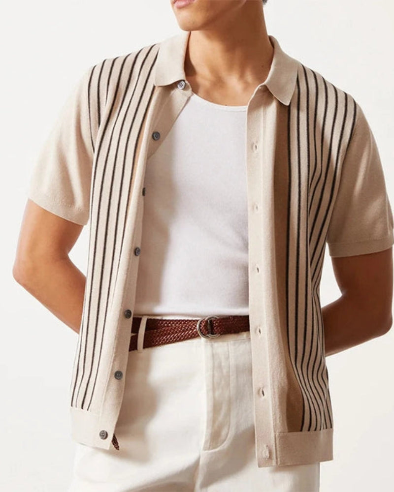 Men's summer knitted short-sleeve shirt with vertical stripes in beige