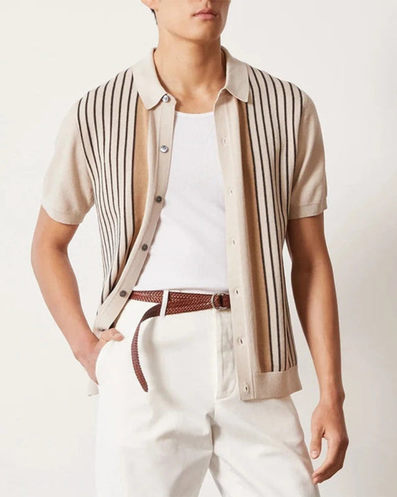 Men's summer knitted short-sleeve shirt with vertical stripes in beige