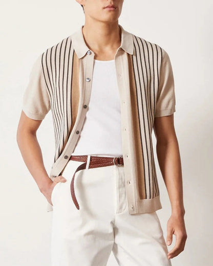 Men's summer knitted short-sleeve shirt with vertical stripes in beige