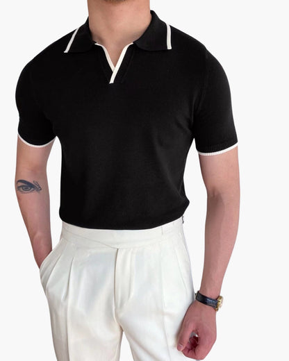 Herren Strick-Poloshirt – Kontrastbesatz an Kragen und Ärmeln