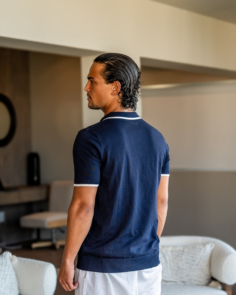 Herren Strick-Poloshirt – Kontrastbesatz an Kragen und Ärmeln