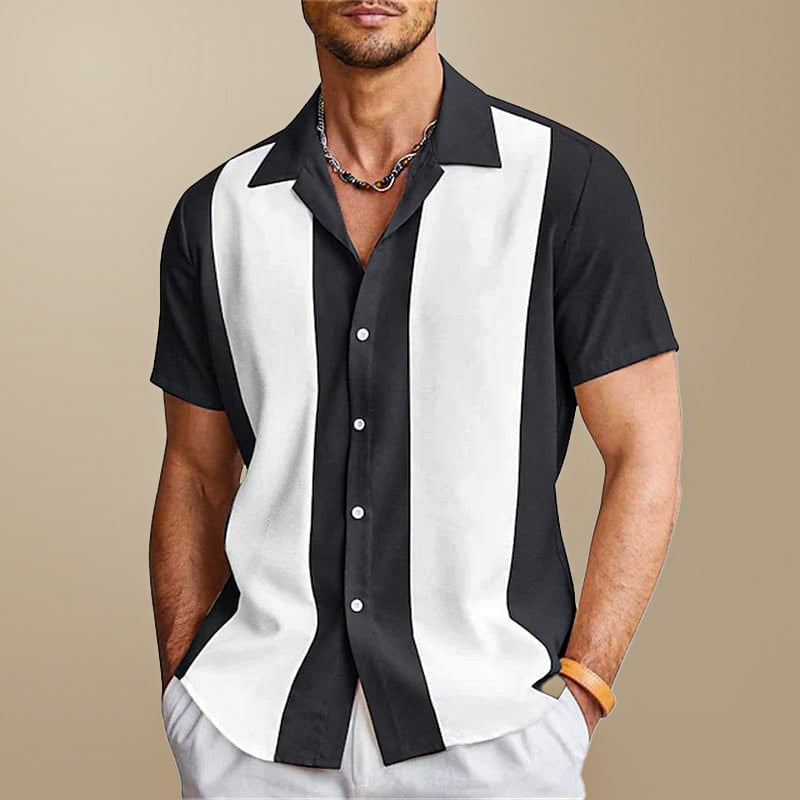 Men's shirt with button placket, vertical color-block stripes, and short sleeves