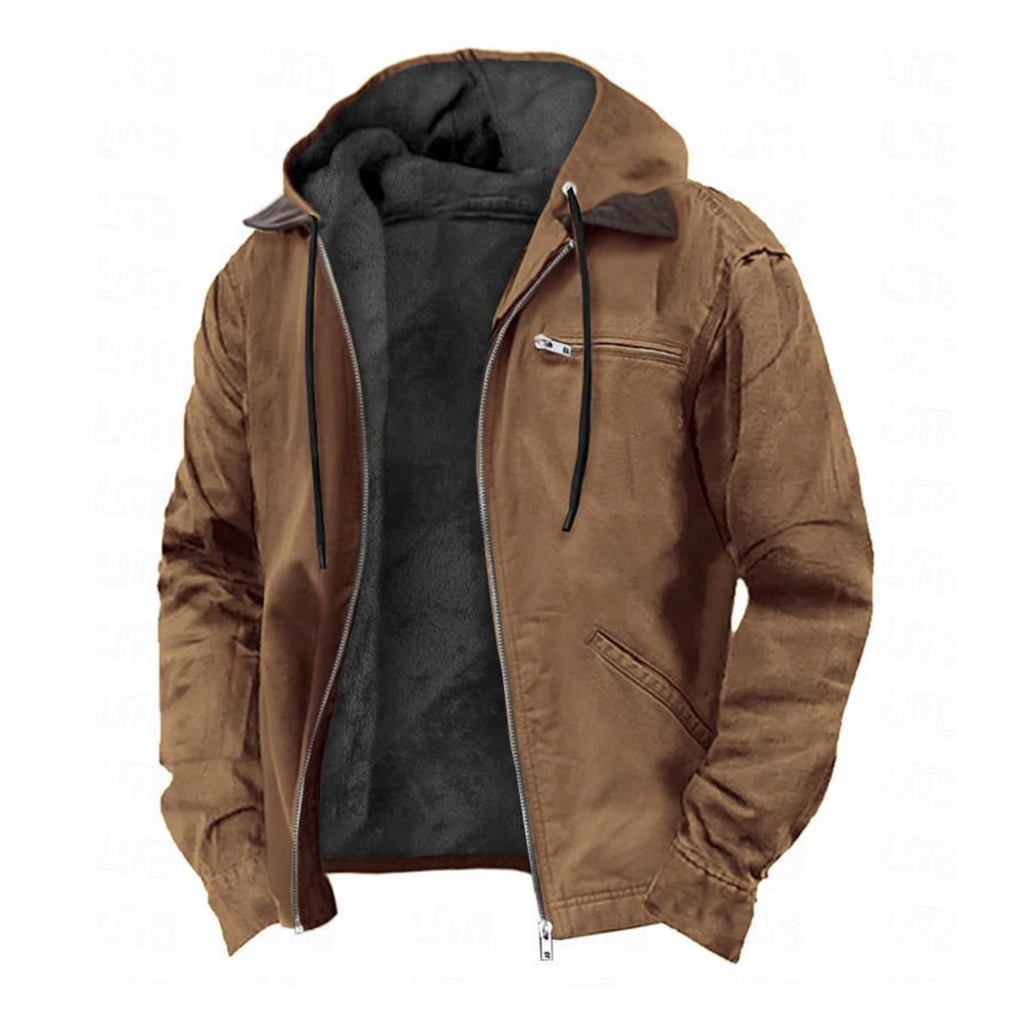 Braune Herrenjacke mit Kapuze, Reißverschluss und Brusttasche. Stilvolle, warme Outdoor-Bekleidung für Herbst und Winter.